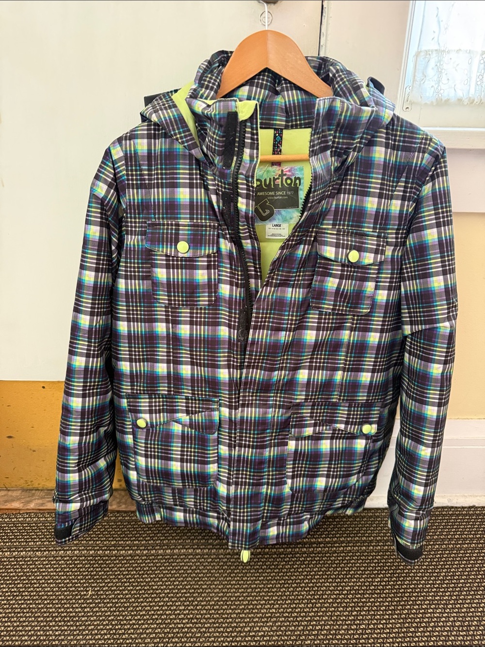 Burton Kids Puffer/Ski Jacket in Black, Purple, and Neon Green Plaid